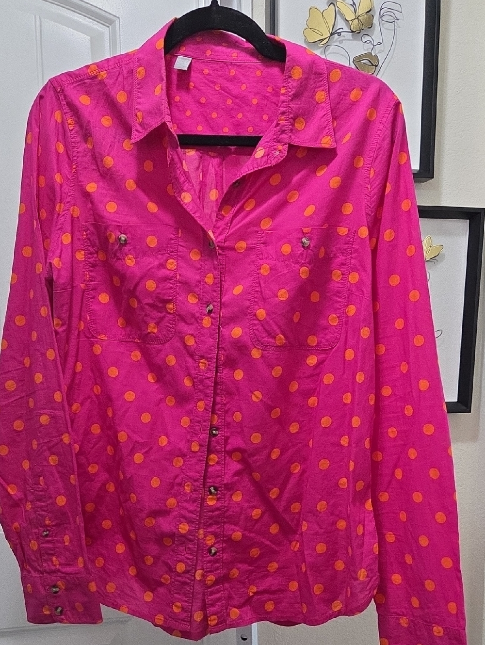 Women’s Button-Down Shirt - Hot Pink with Orange Polka Dots